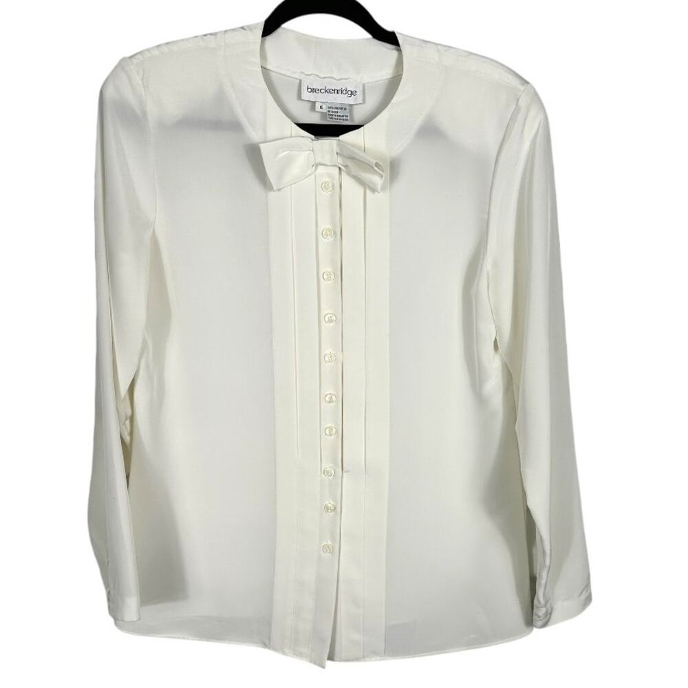 Breckenridge White Button Up Pleated Look Top with Bow Size 6